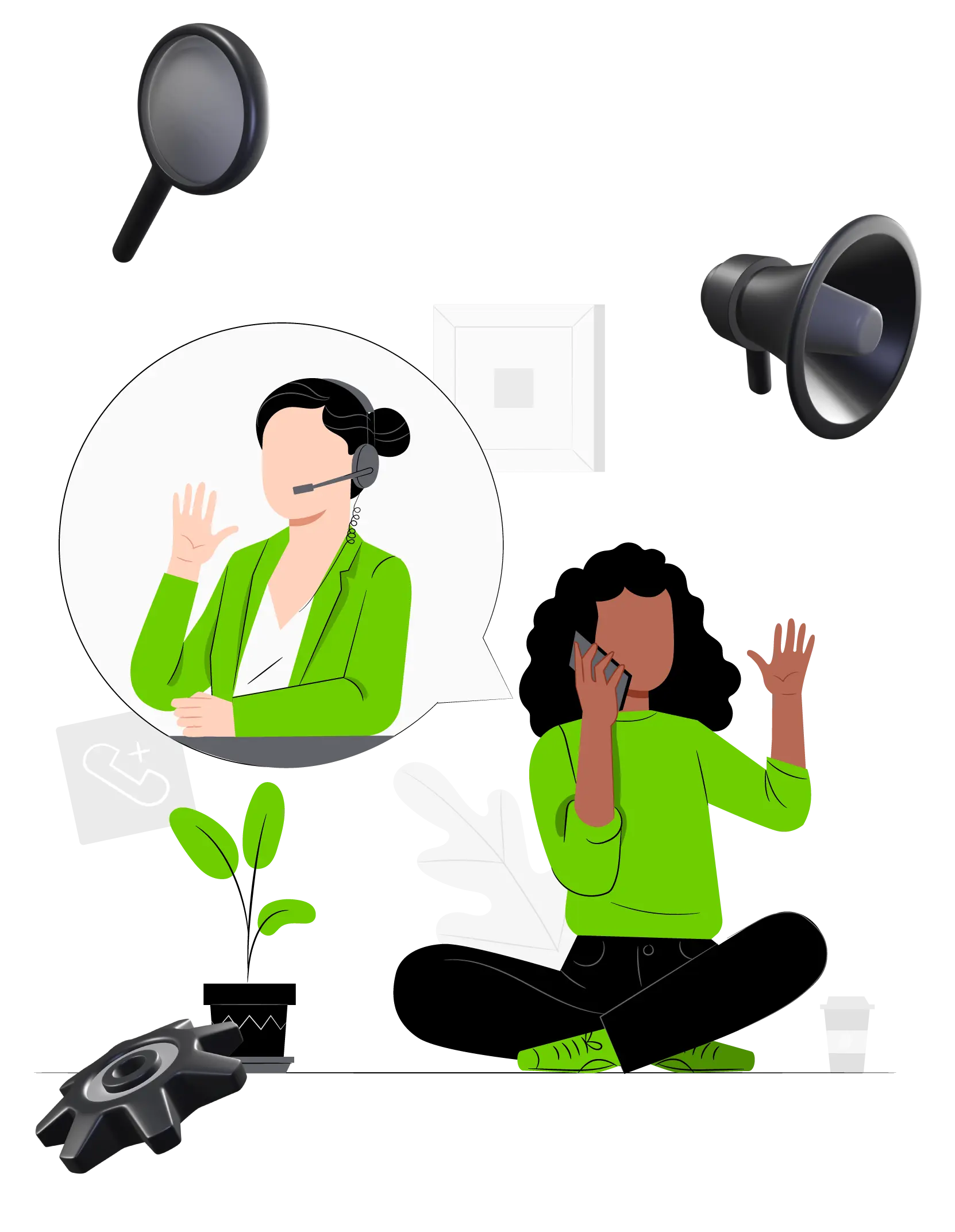 Call between two persons, customer support, green color, 2D and 3D ilustration