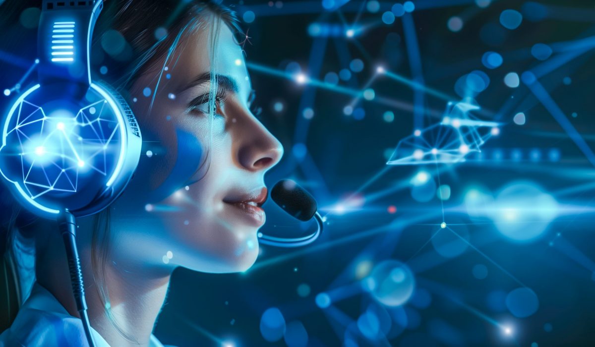Customer service agent using AI technology representing the balance between virtual and human agents in Contact Centers.